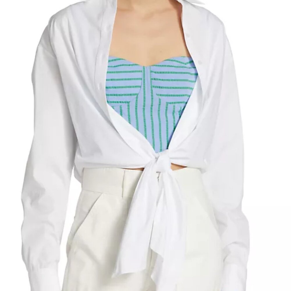 NWT Rosie Assoulin Mixed Media Layered White Button Down Shirt & Striped Top